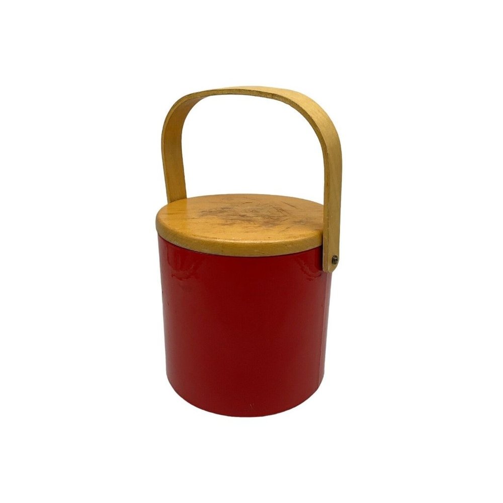 Georges Briard Vintage Mid Century Red Vinyl Ice Bucket w/ Wood Handle & Lid